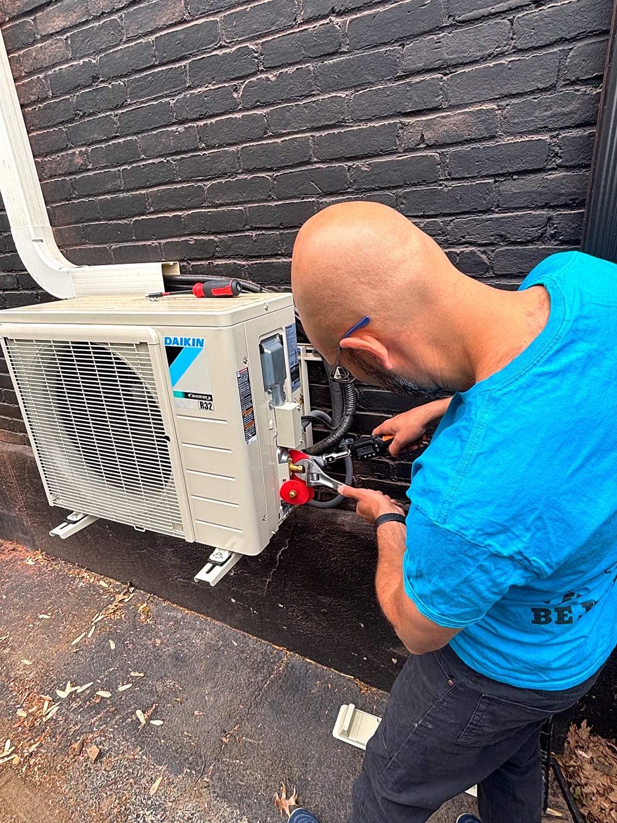 Torque wrench used on a ductless heat pump installation connection.