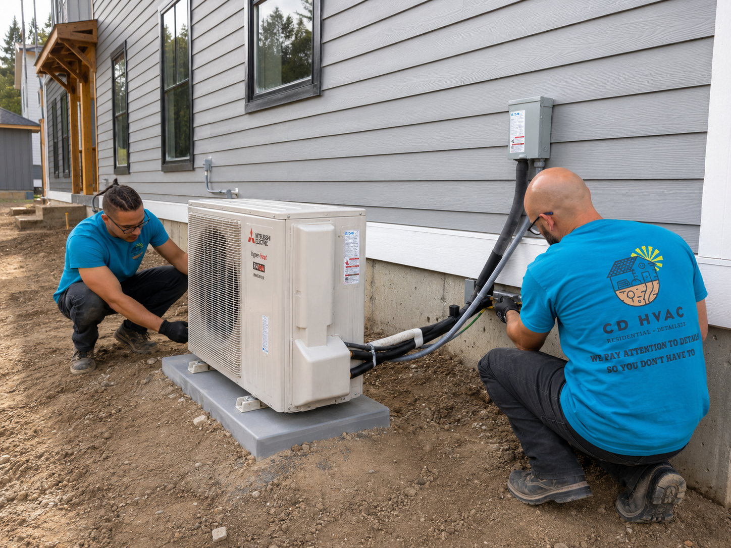 Exterior heat pump line set installation during new construction.