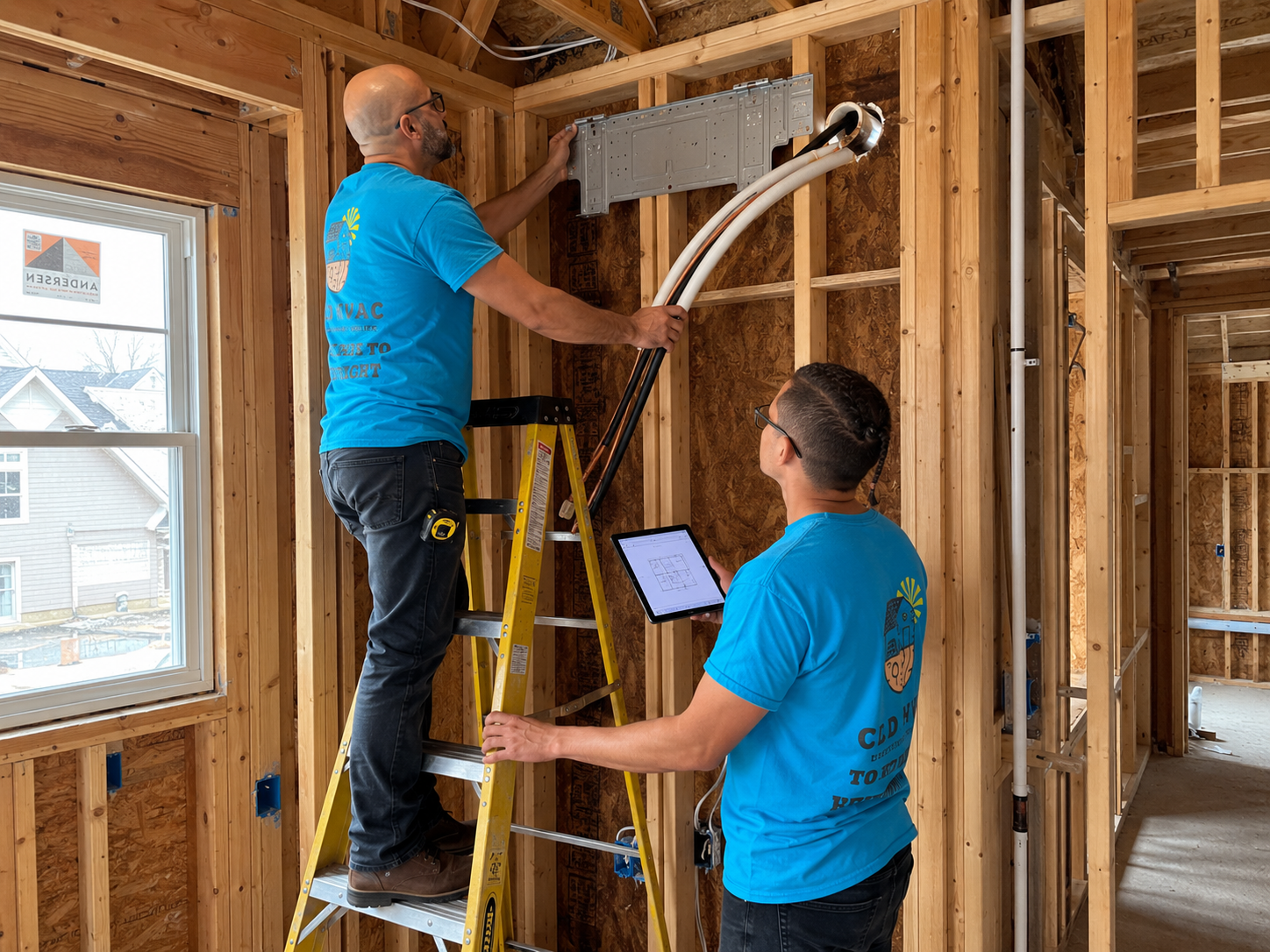 Line set and wall rough-in planning for a new construction HVAC project.